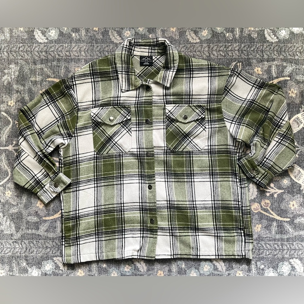 HFX Green and White Plaid Button-Up Shirt Jacket Hybrid